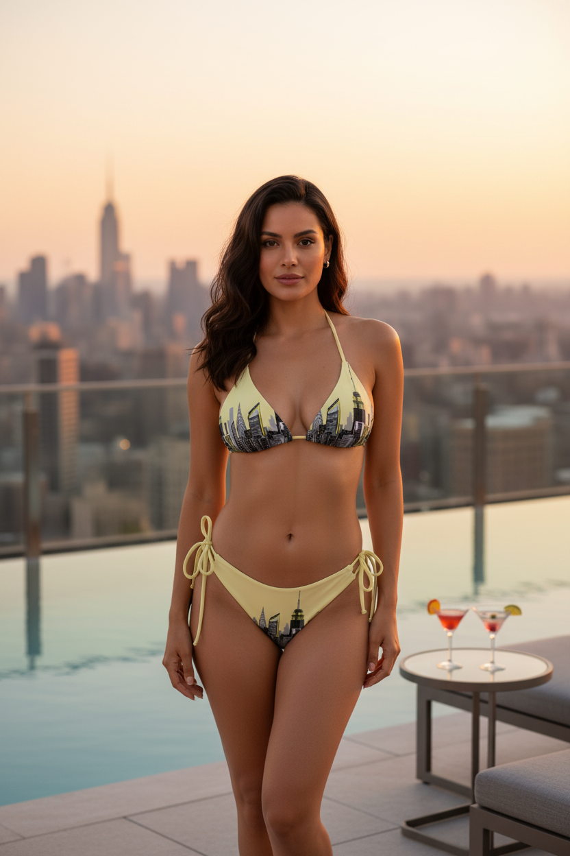Woman in a Loria NYC Art bikini standing on a rooftop with a city skyline in the background