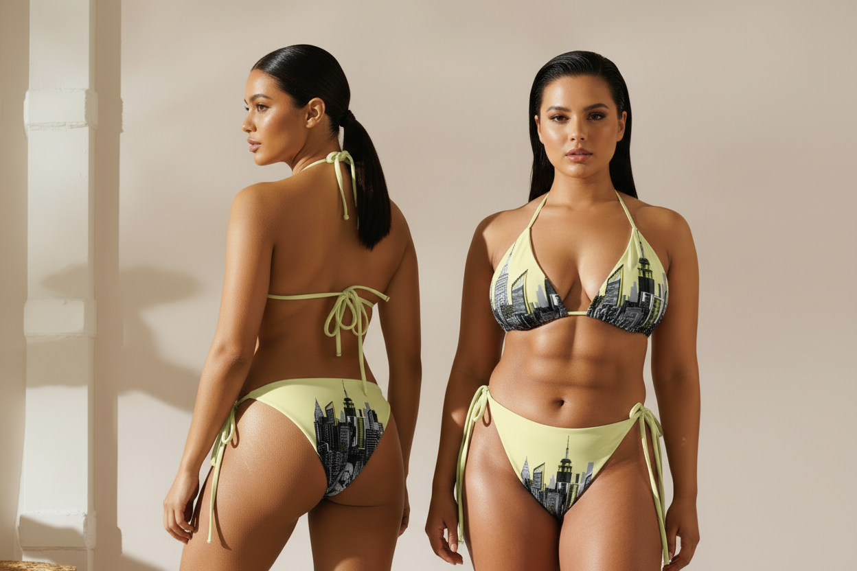 Two women wearing a yellow Loria NYC Art bikini with cityscape design against a neutral background
