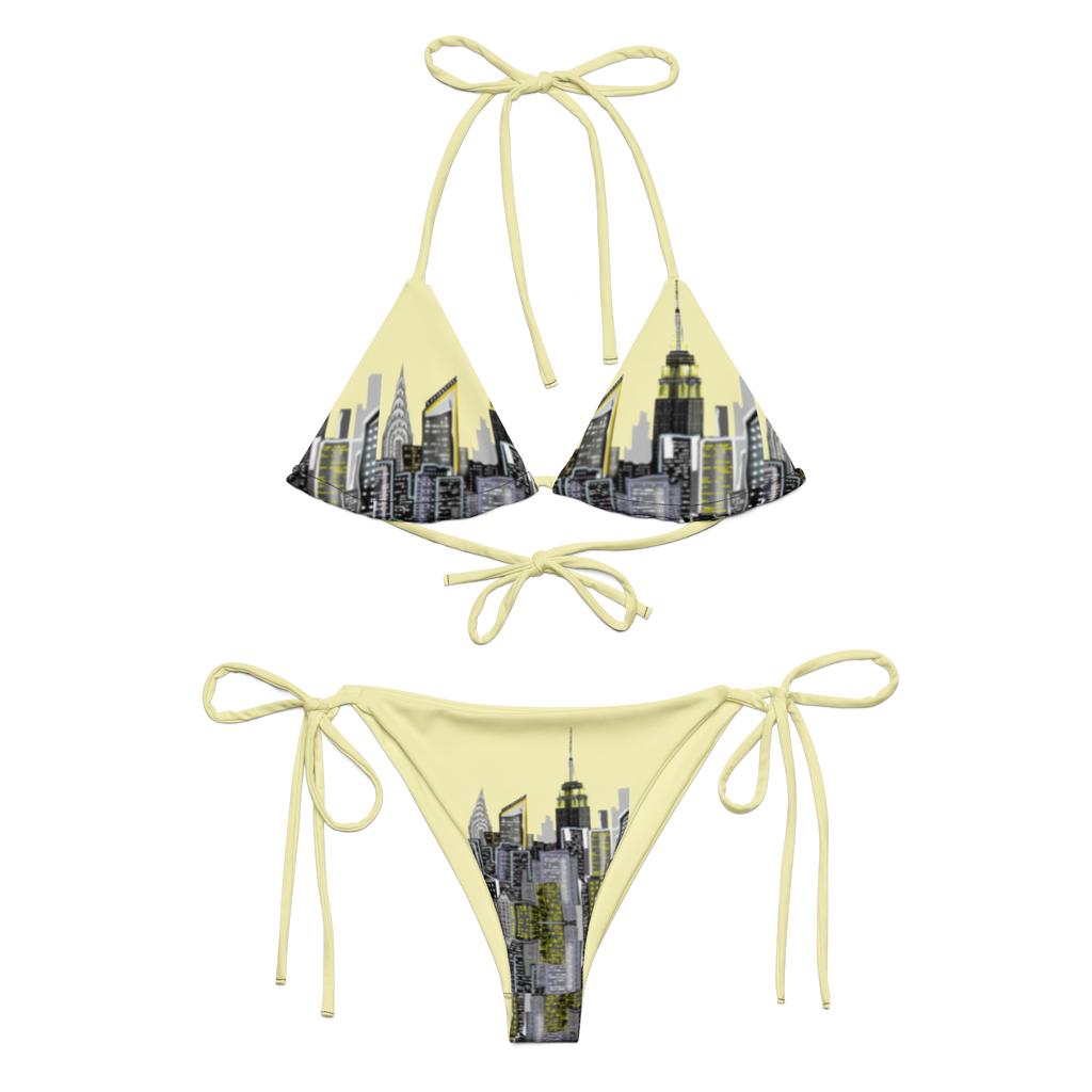 Bikini set with Loria NYC Art cityscape design on a white background