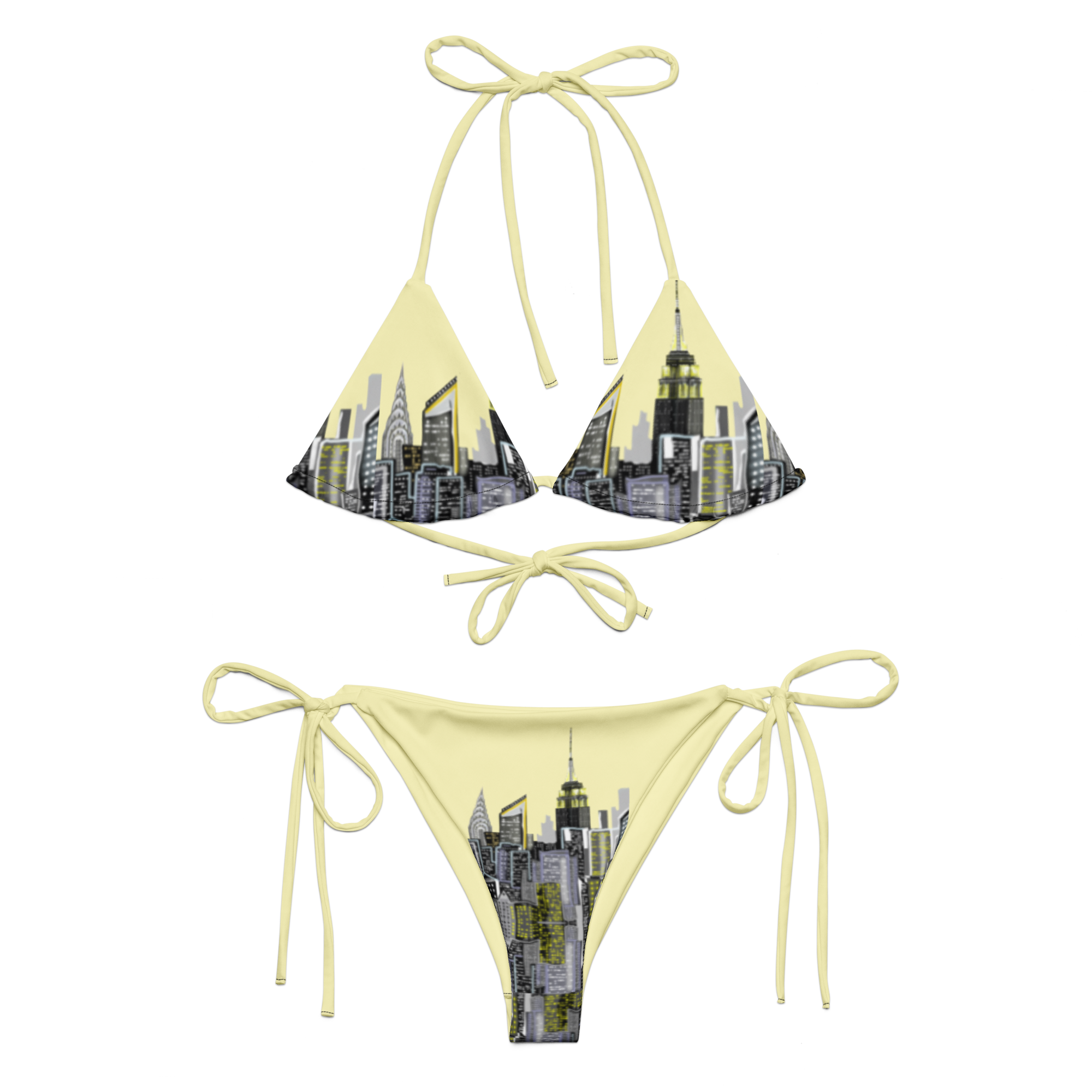 Bikini set with Loria NYC Art cityscape design on a white background