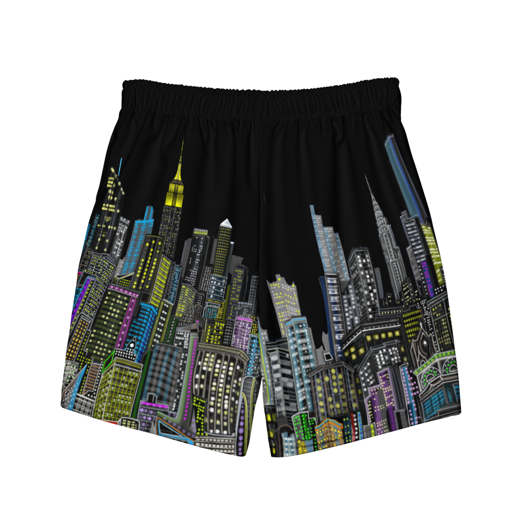 Black shorts with a colorful Loria NYC Art cityscape design on a white background