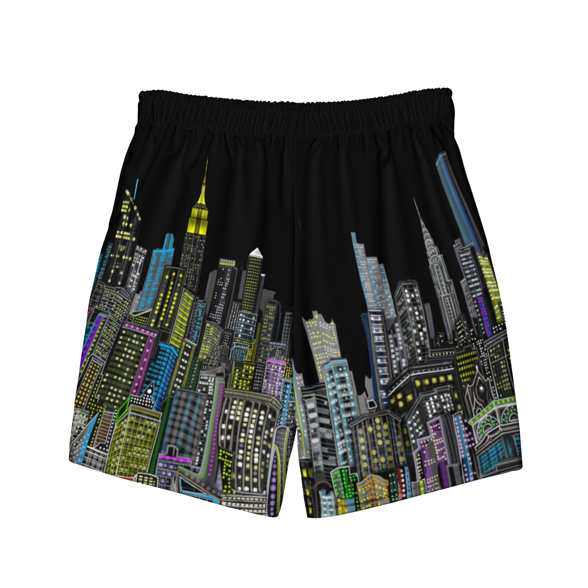 Black shorts with a colorful Loria NYC Art cityscape design on a white background