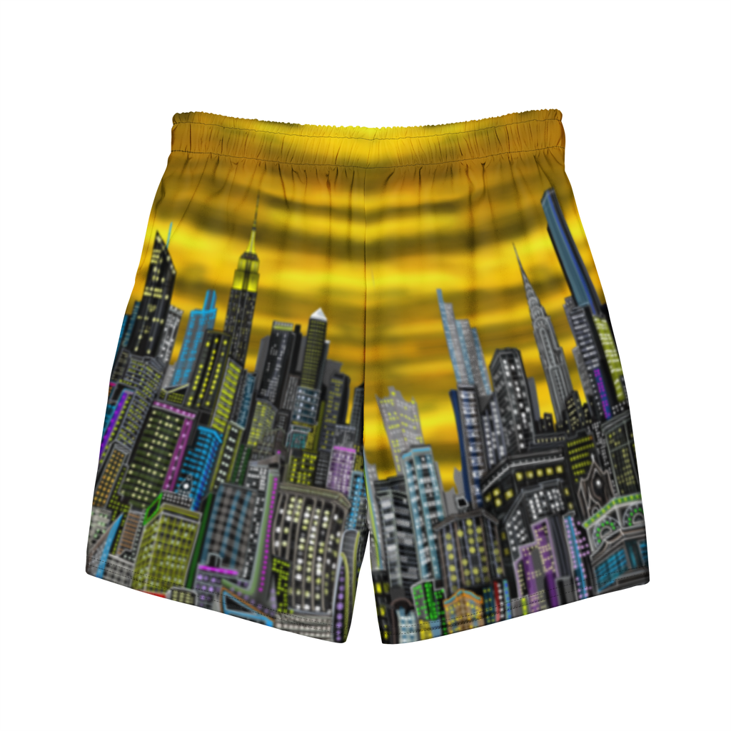 Shorts with a cityscape Loria NYC Art design on a yellow background