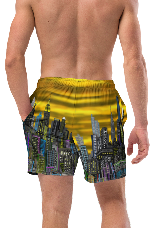 Man wearing a colorful swimsuit with a cityscape Loria NYC Art design on a white background
