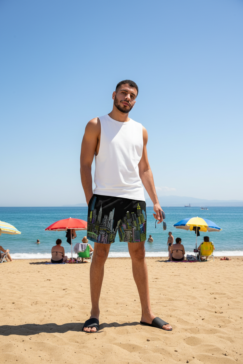 Man wearing a white sleeveless shirt and black shorts with Loria NYC Art cityscape design on a white background