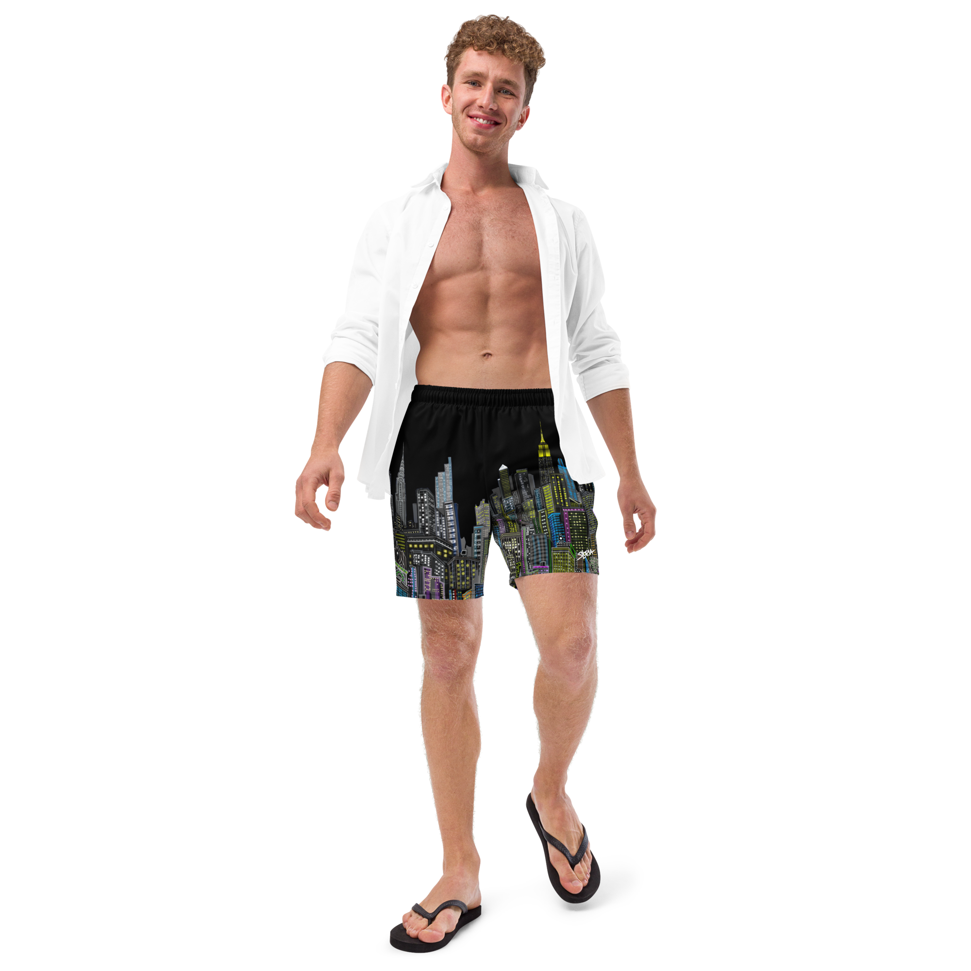 Man wearing black swim shorts with a cityscape Loria NYC Art design on a white background
