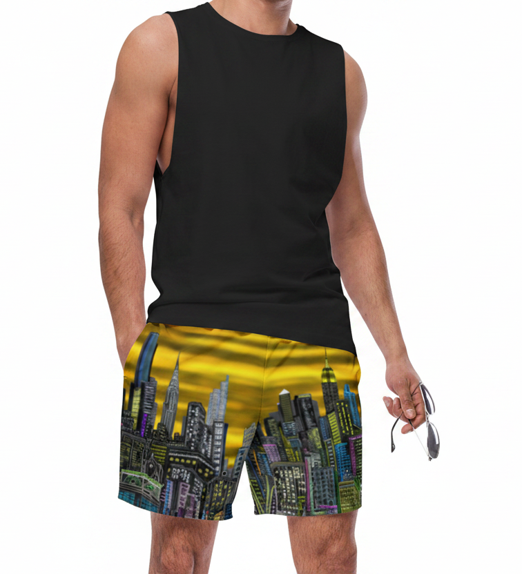 Man wearing a black sleeveless shirt and Loria NYC Art colorful shorts on a white background