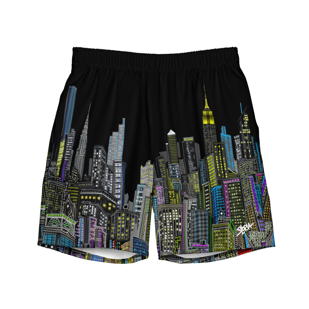 Black shorts with colorful Loria NYC Art cityscape design on a white background
