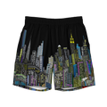 Black shorts with colorful Loria NYC Art cityscape design on a white background