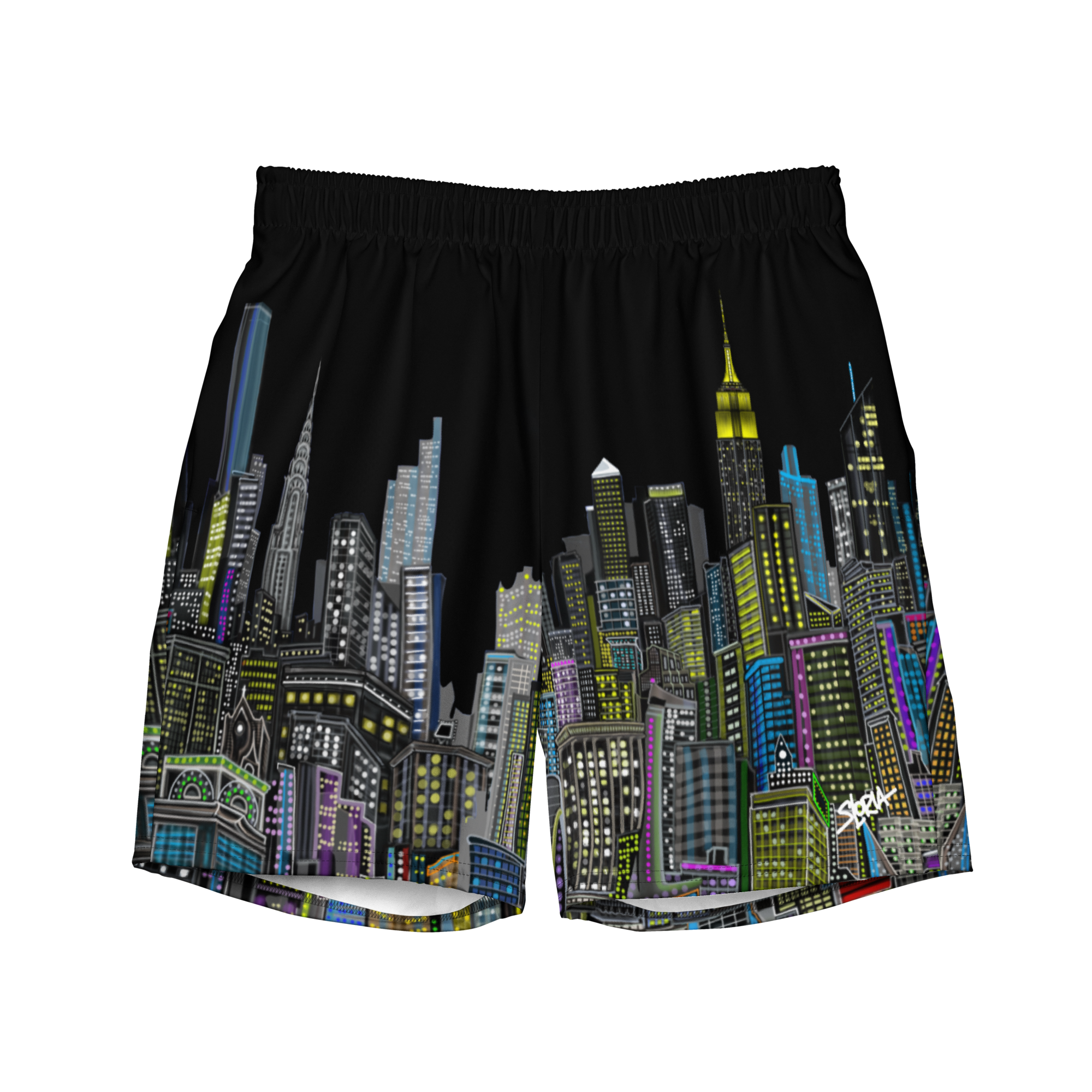 Black shorts with colorful Loria NYC Art cityscape design on a white background