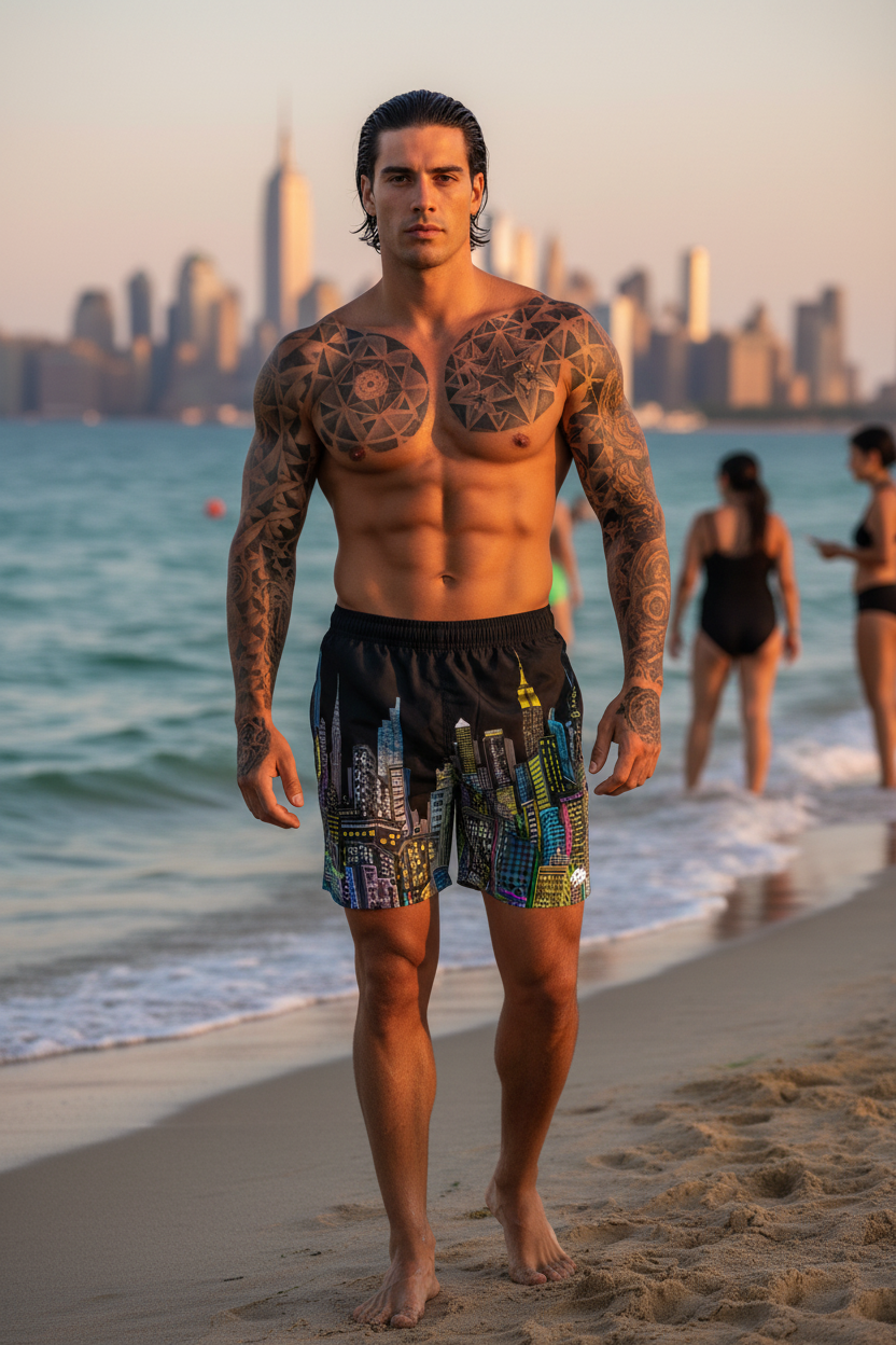 Man wearing a black Loria NYC Art swim suit with tattoos standing on a beach with a city skyline in the background