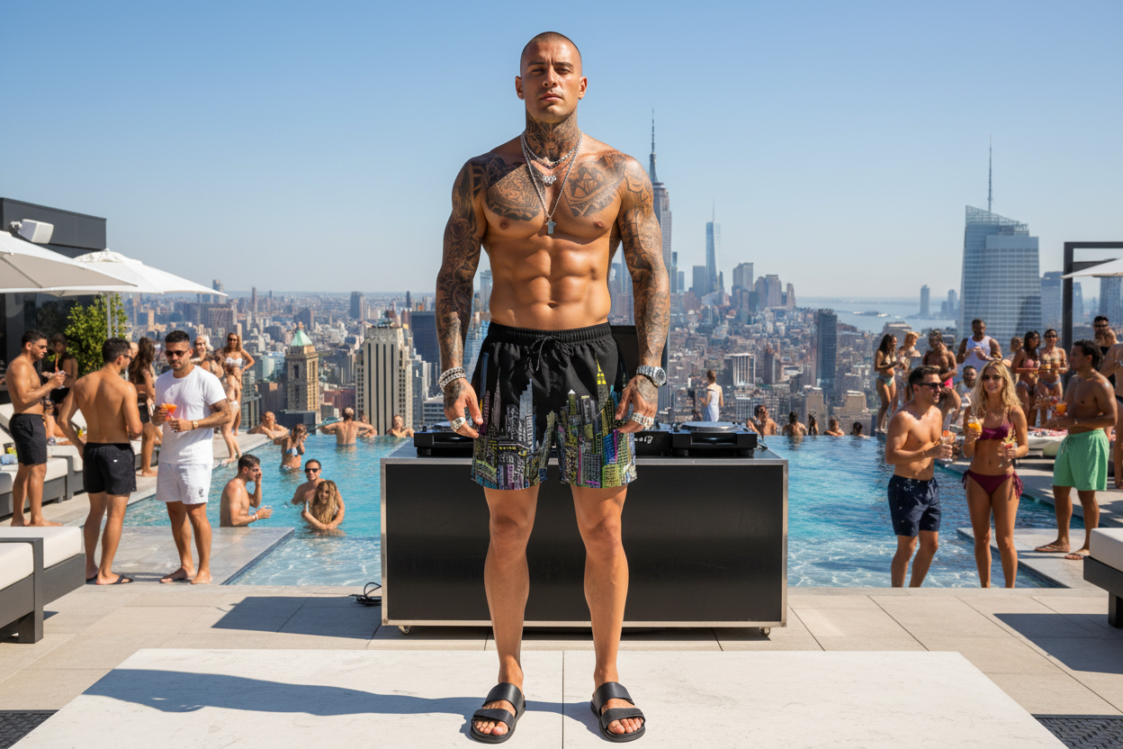 Man standing on a rooftop pool deck wearing Loria NYC Art bathing suit with a city skyline in the background