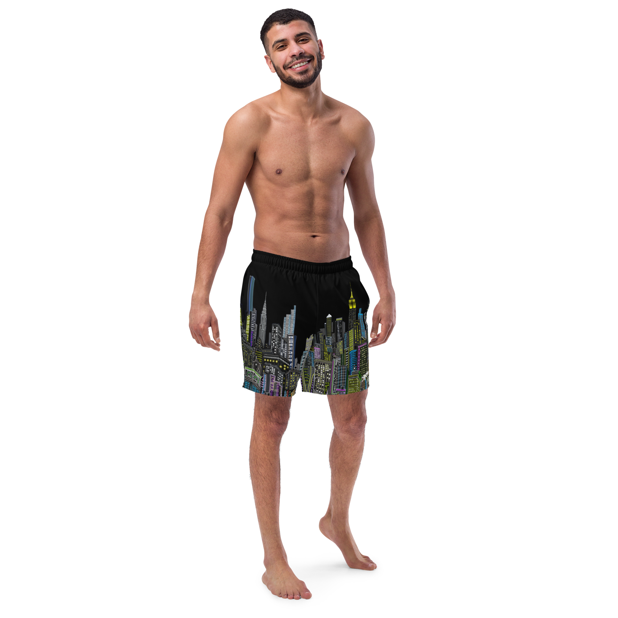 Man wearing black swim shorts with cityscape Loria NYC Art design on a white background