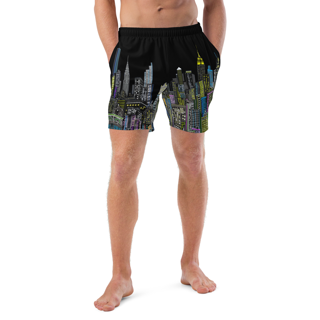 Person wearing black shorts with colorful cityscape Loria NYC Art design on a white background