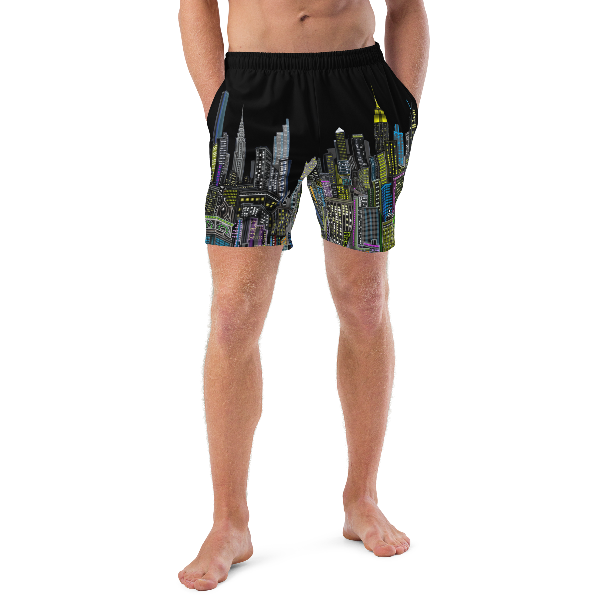 Person wearing black shorts with colorful cityscape Loria NYC Art design on a white background