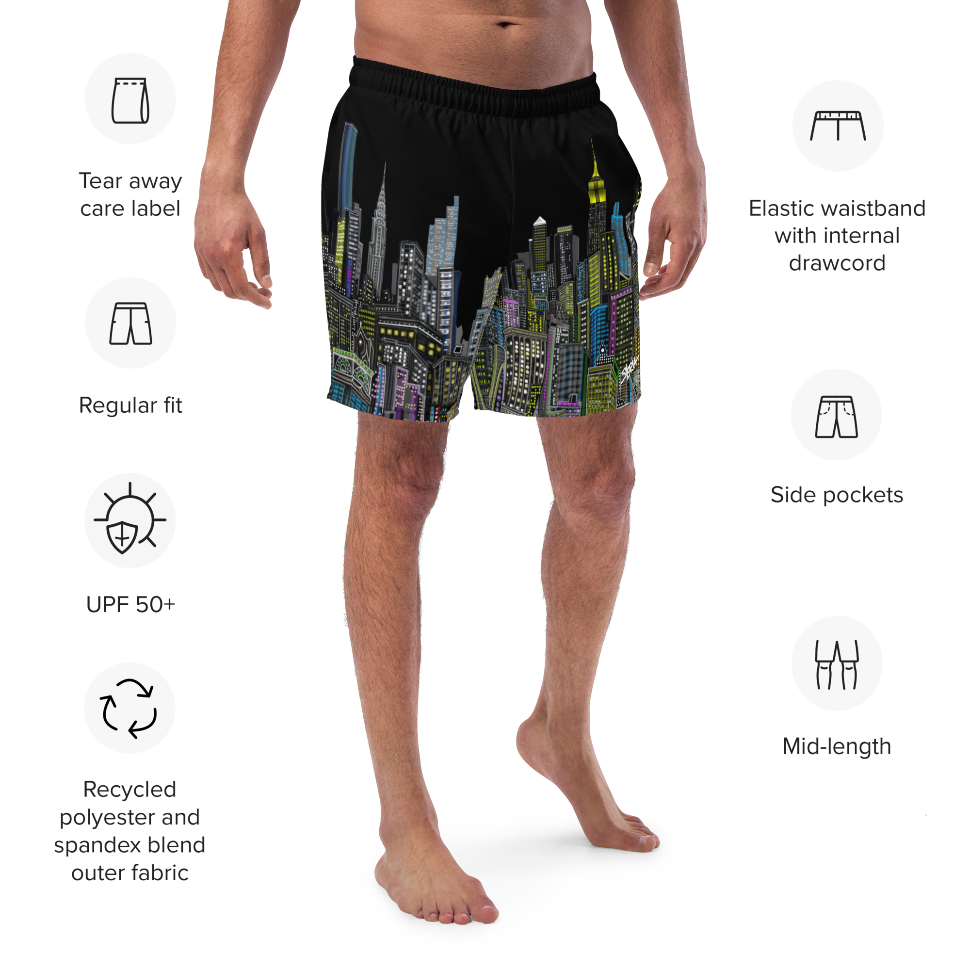 Man wearing black Loria NYC Art swim shorts with colorful cityscape design, featuring text labels on a white background.