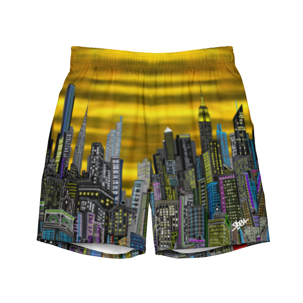 Shorts with a cityscape Loria NYC Art design on a yellow background