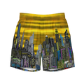 Shorts with a cityscape Loria NYC Art design on a yellow background