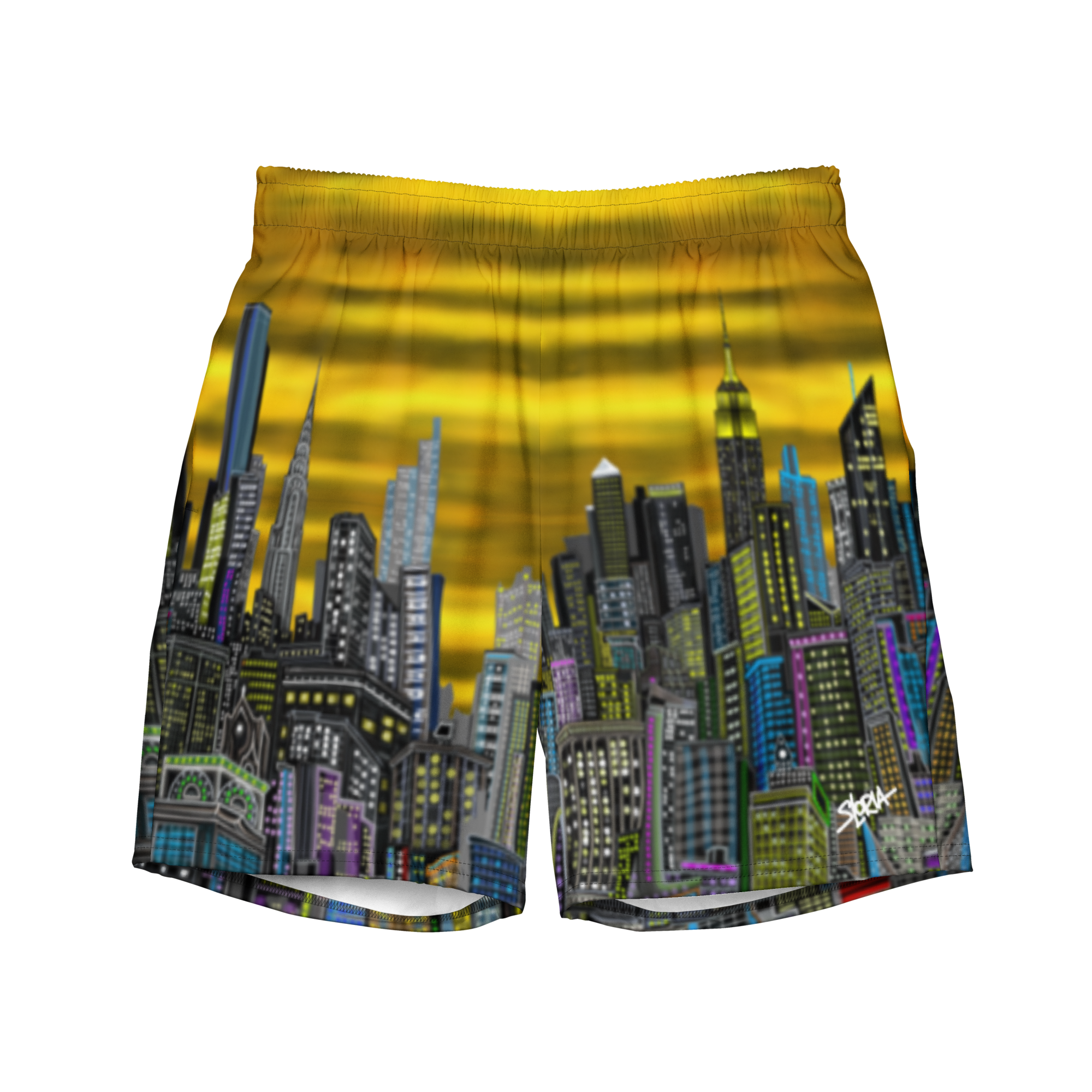 Shorts with a cityscape Loria NYC Art design on a yellow background