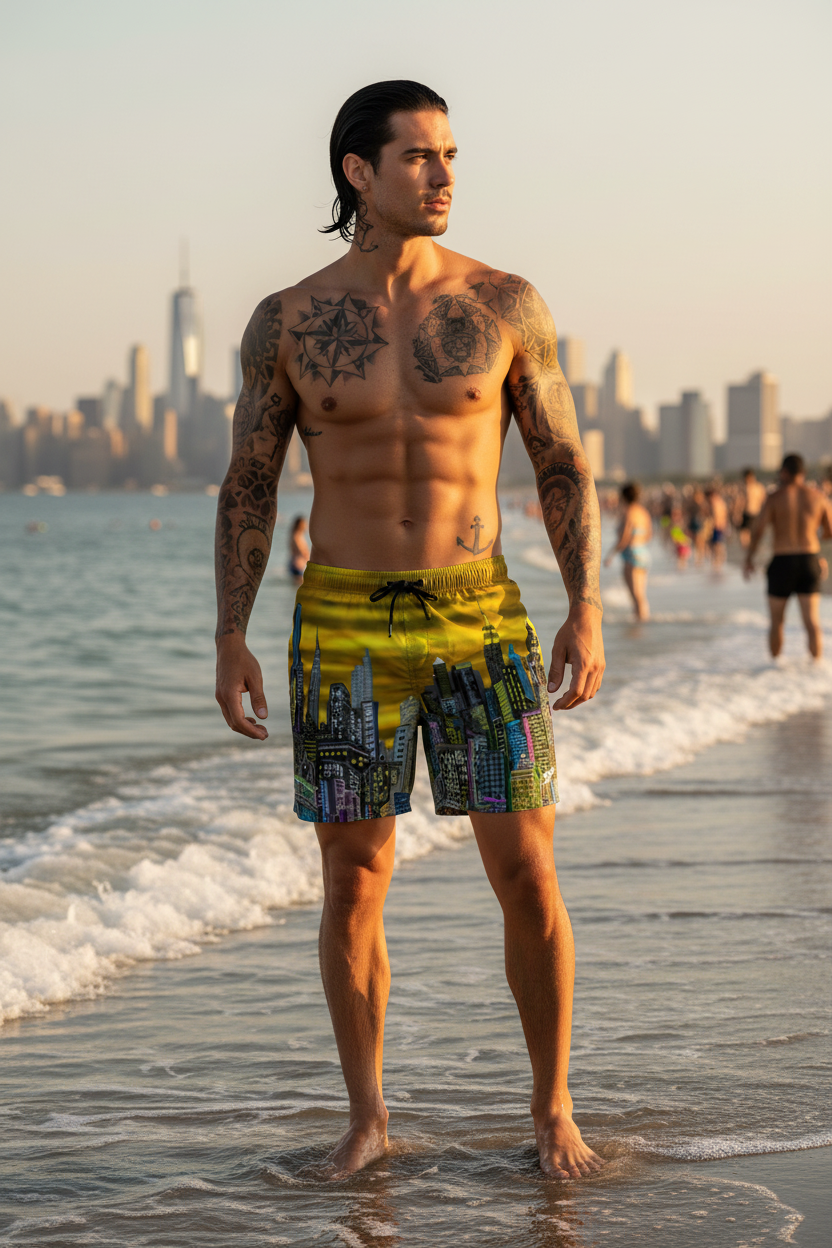 Man in colorful Loria NYC Art swim shorts standing on a beach with a city skyline in the background
