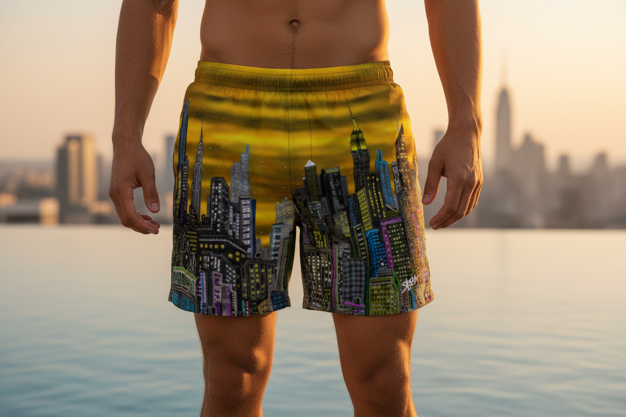 Person wearing a colorful Loria NYC Art cityscape swimsuit with a city skyline in the background.