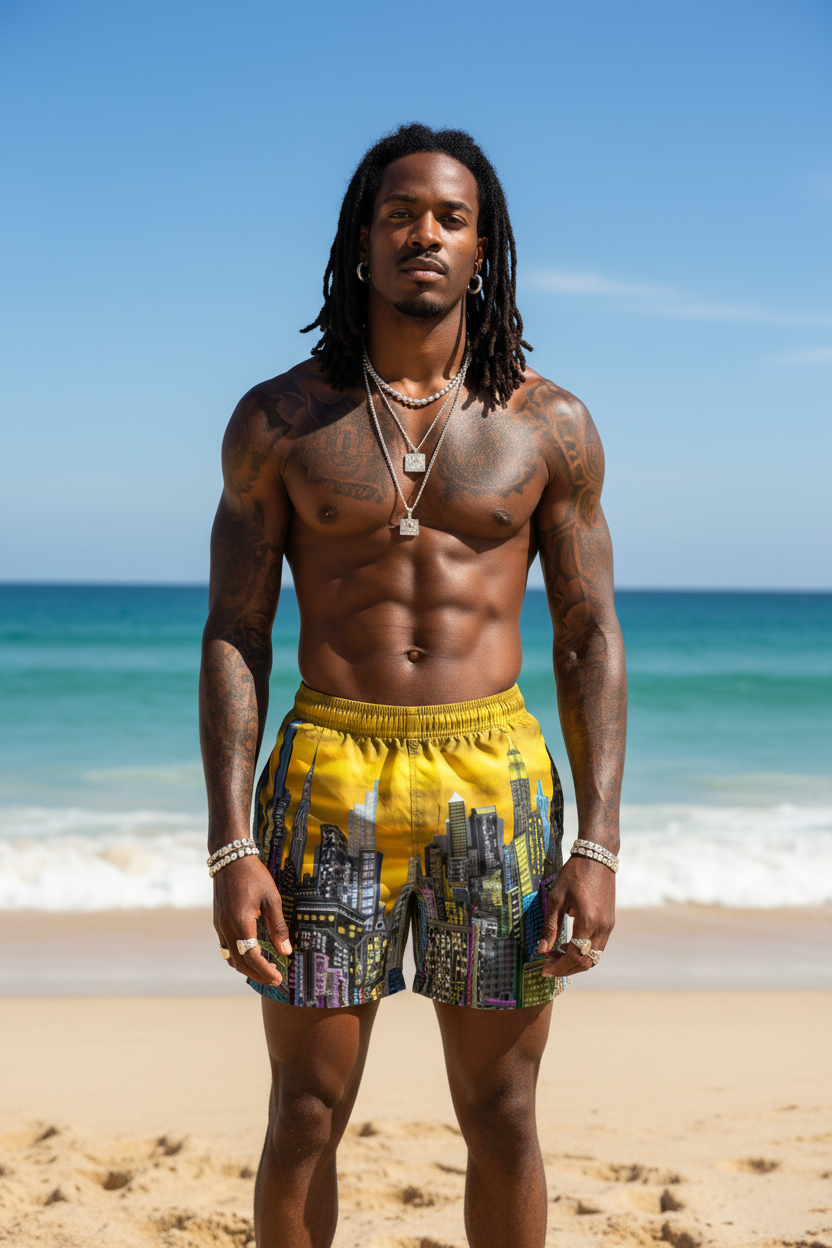 Man wearing yellow Loria NYC Art swim shorts with a cityscape design on a beach