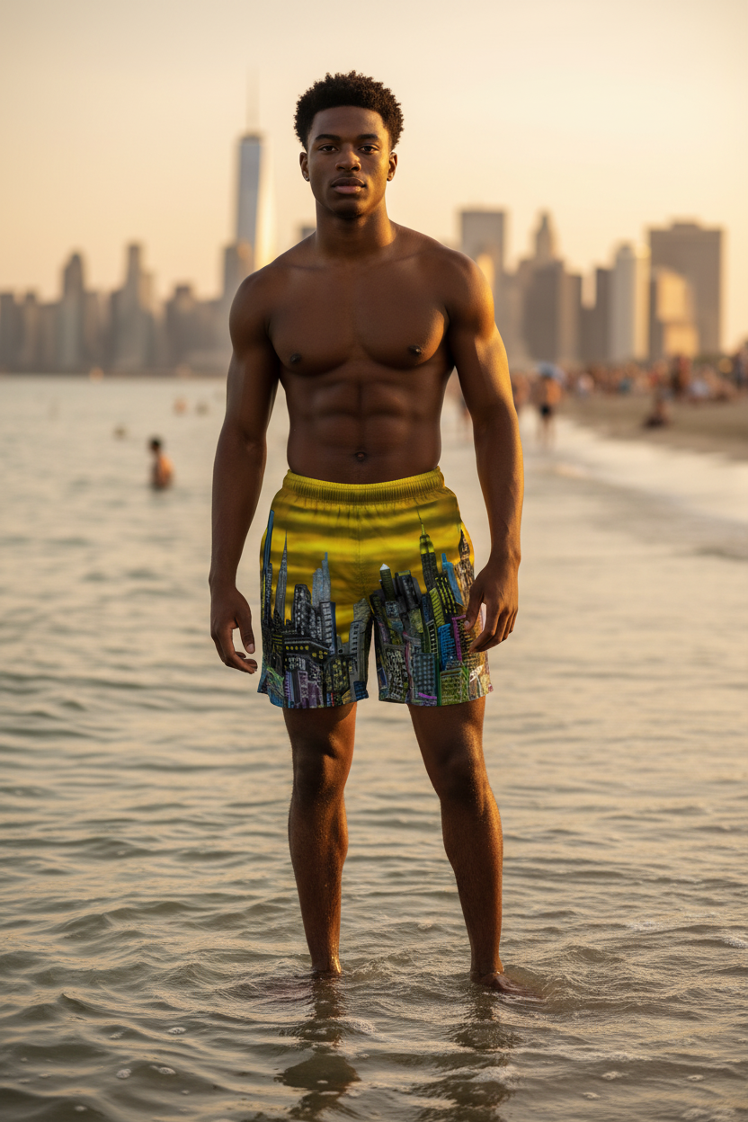 Man standing in water at a beach wearing Loria NYC Art city skyline shorts  