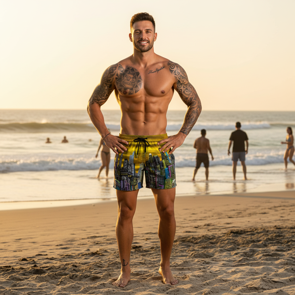Man standing on a beach wearing colorful Loria NYC Art swim shorts with people in the background.