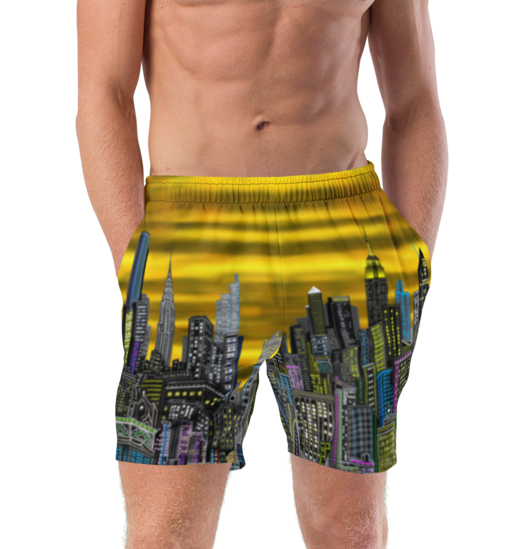 Man wearing a colorful Loria NYC Art swimsuit with a cityscape design on a white background