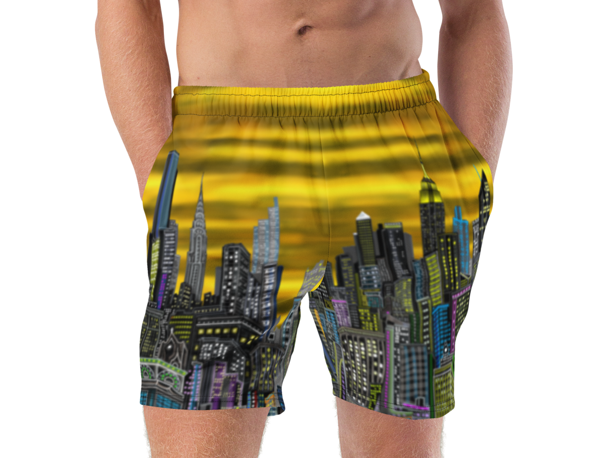 Person wearing a pair of Loria NYC Art colorful swim shorts with a cityscape design on a white background