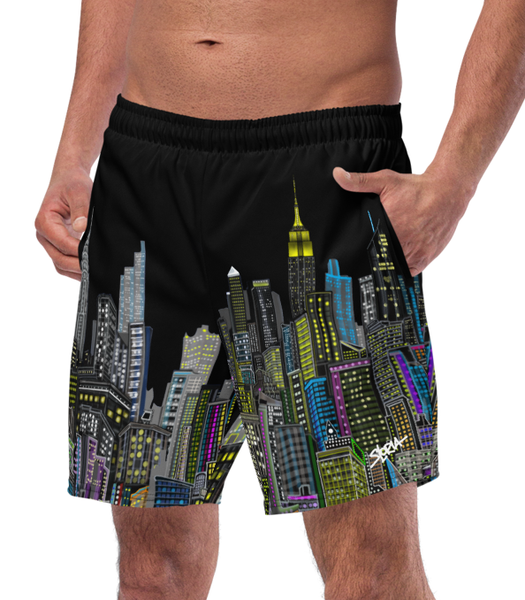 Man wearing black shorts with Loria NYC Art cityscape design on a white background
