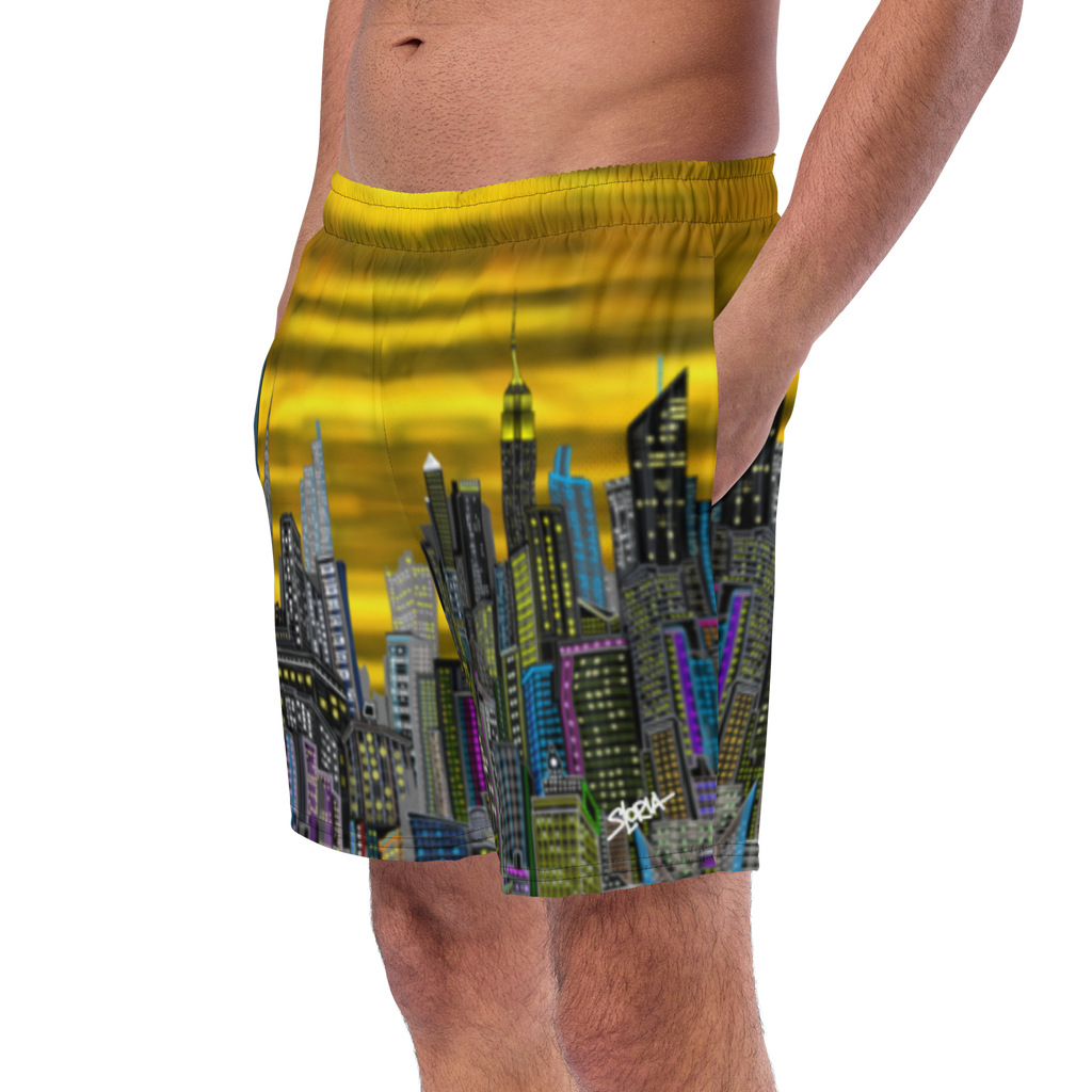 Cityscape swim Loria NYC Art shorts with a yellow background