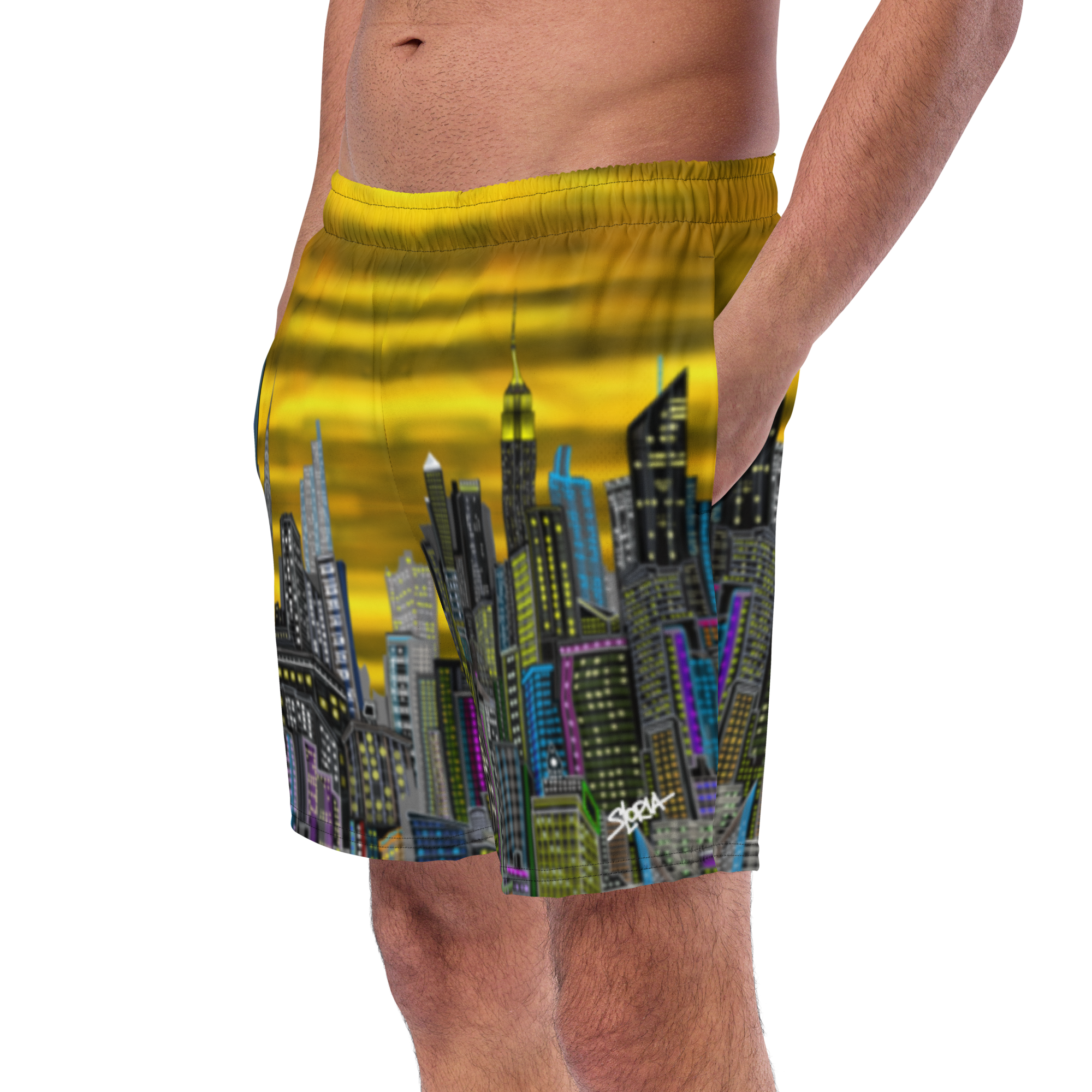 Cityscape swim Loria NYC Art shorts with a yellow background