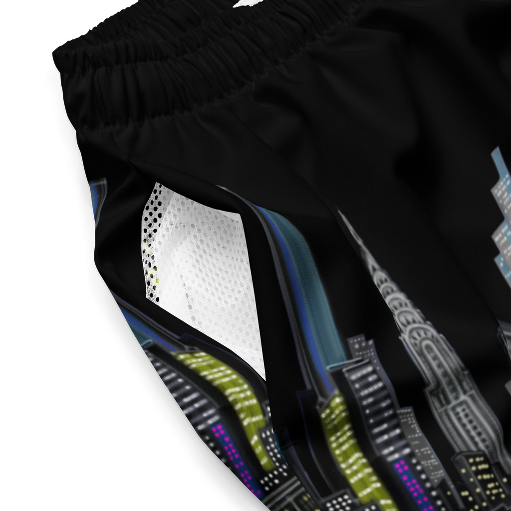 Black shorts with a Loria NYC Art cityscape design on a white background