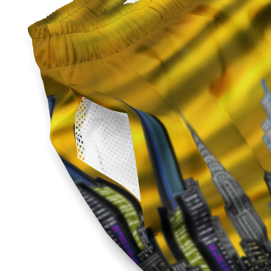 Yellow shorts with a cityscape Loria NYC Art design on a white background