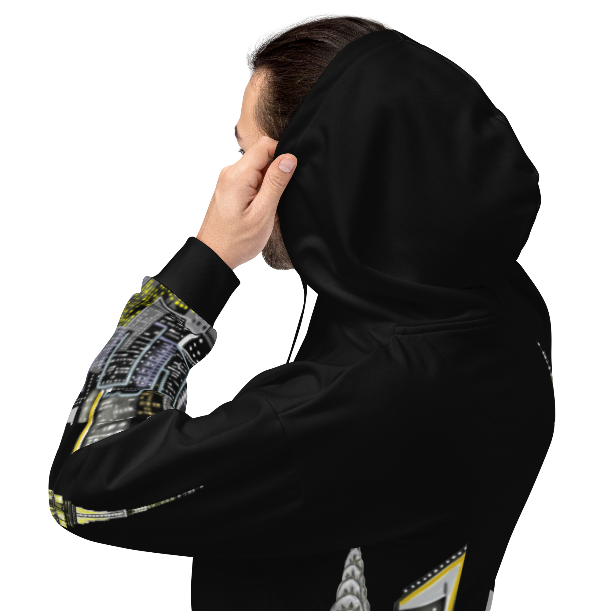 Person wearing a black Loria NYC Art hoodie with geometric patterned sleeves on a white background