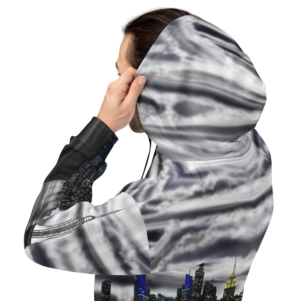 Person wearing a hoodie with a cityscape Loria NYC Art design on a white background