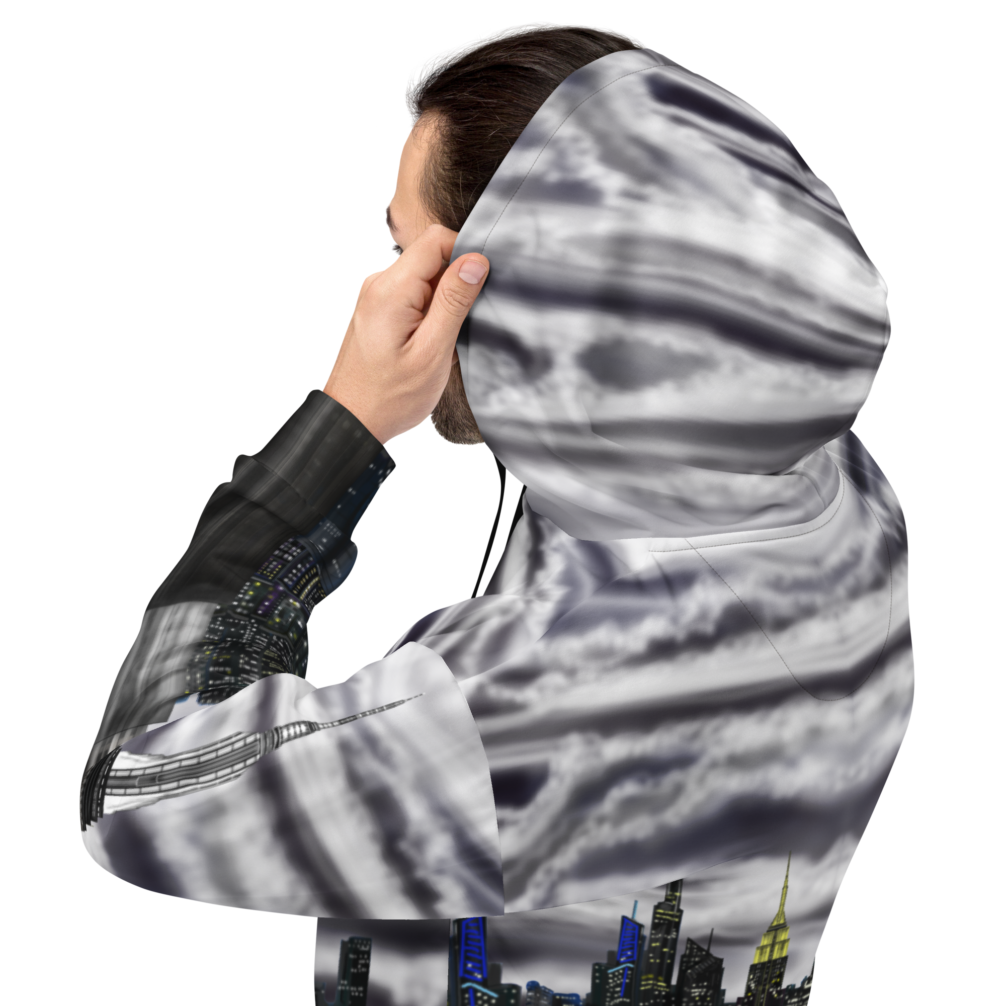 Person wearing a hoodie with a cityscape Loria NYC Art design on a white background