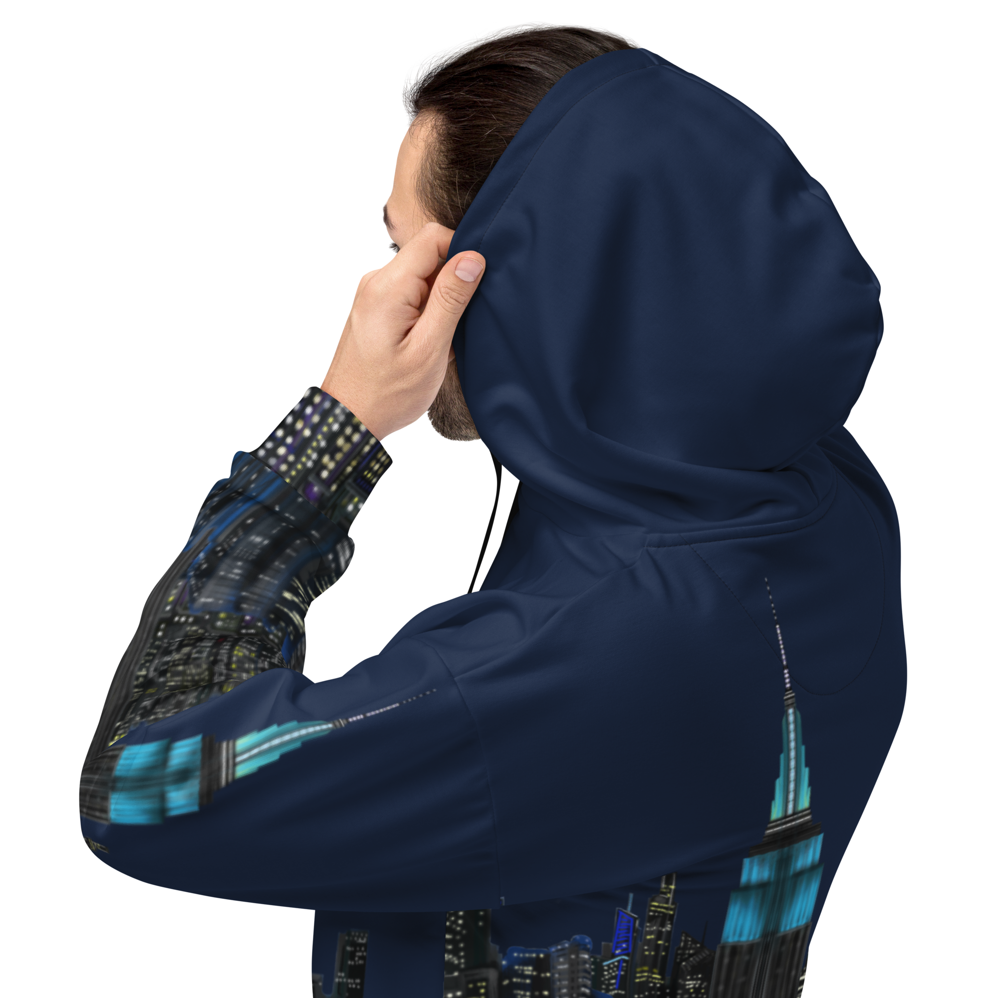 Person wearing a navy blue hoodie with a  Loria NYC Art cityscape design on the sleeves against a white background