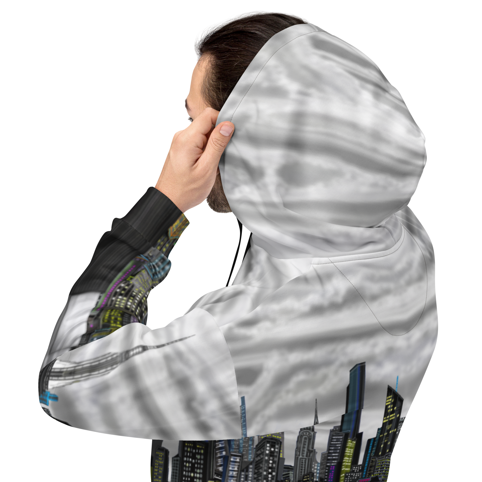 Person wearing a hoodie with a cityscape Loria NYC Art design on a white background