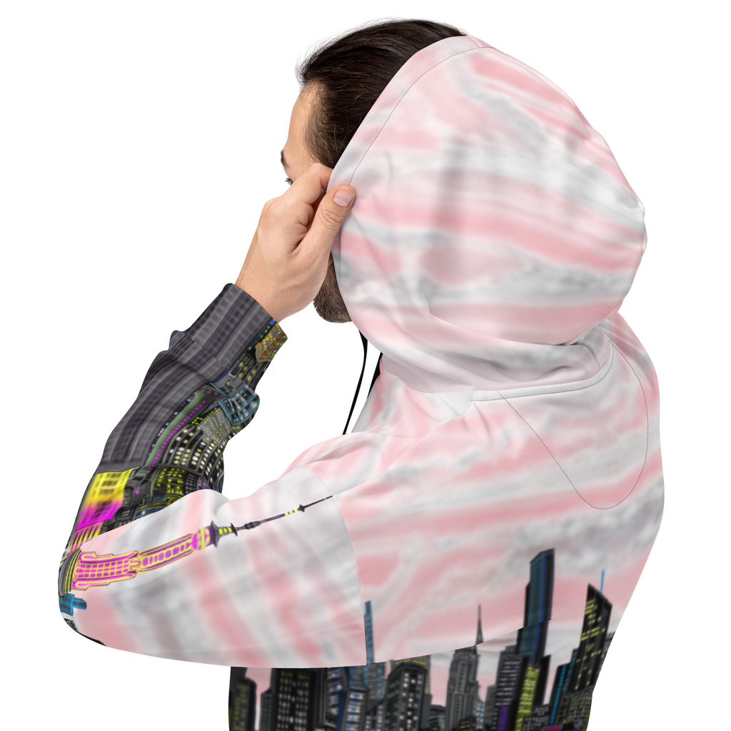 Person wearing a pink Loria NYC Art hoodie with a cityscape design on a white background