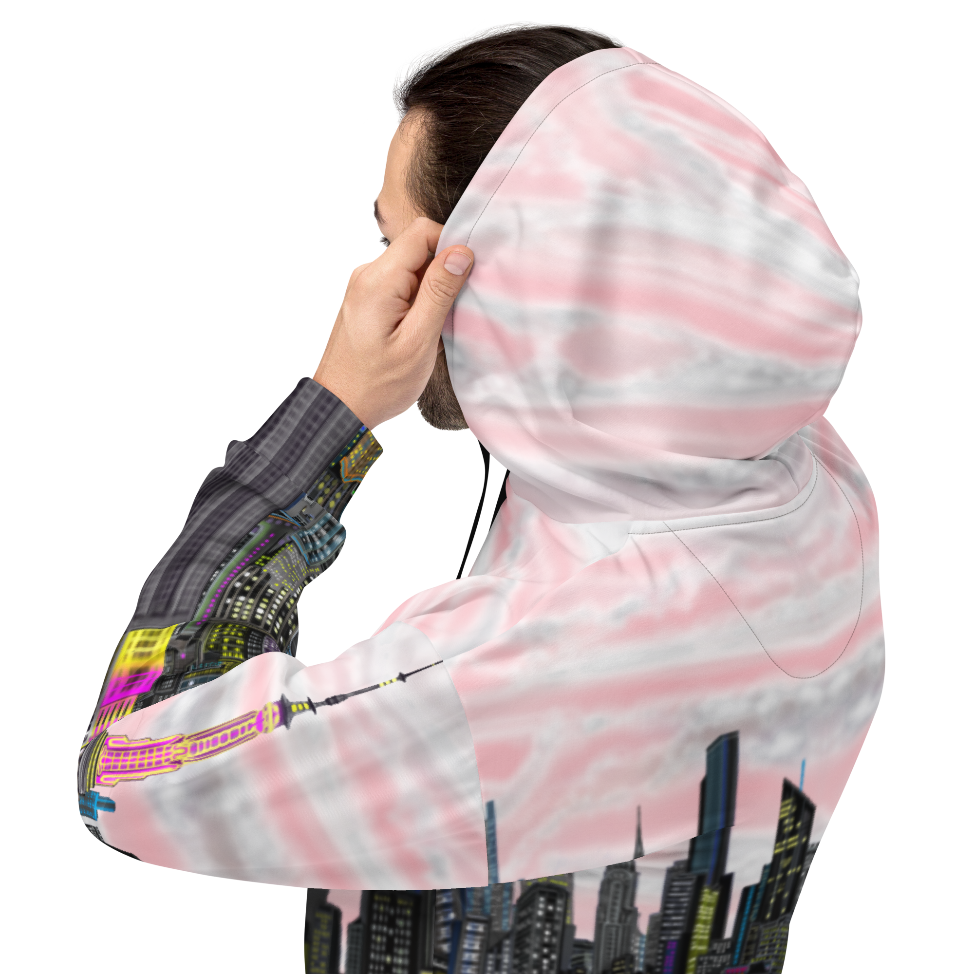 Person wearing a pink Loria NYC Art hoodie with a cityscape design on a white background