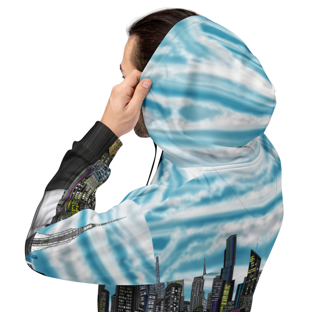 Person wearing a hoodie with a cityscape Loria NYC Art design on a white background
