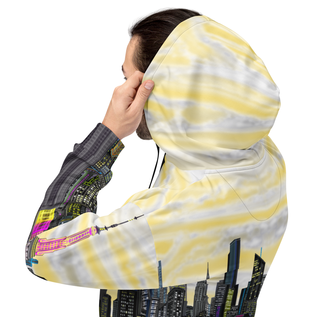 Person wearing a yellow and white Loria NYC Art hoodie with cityscape design on a white background