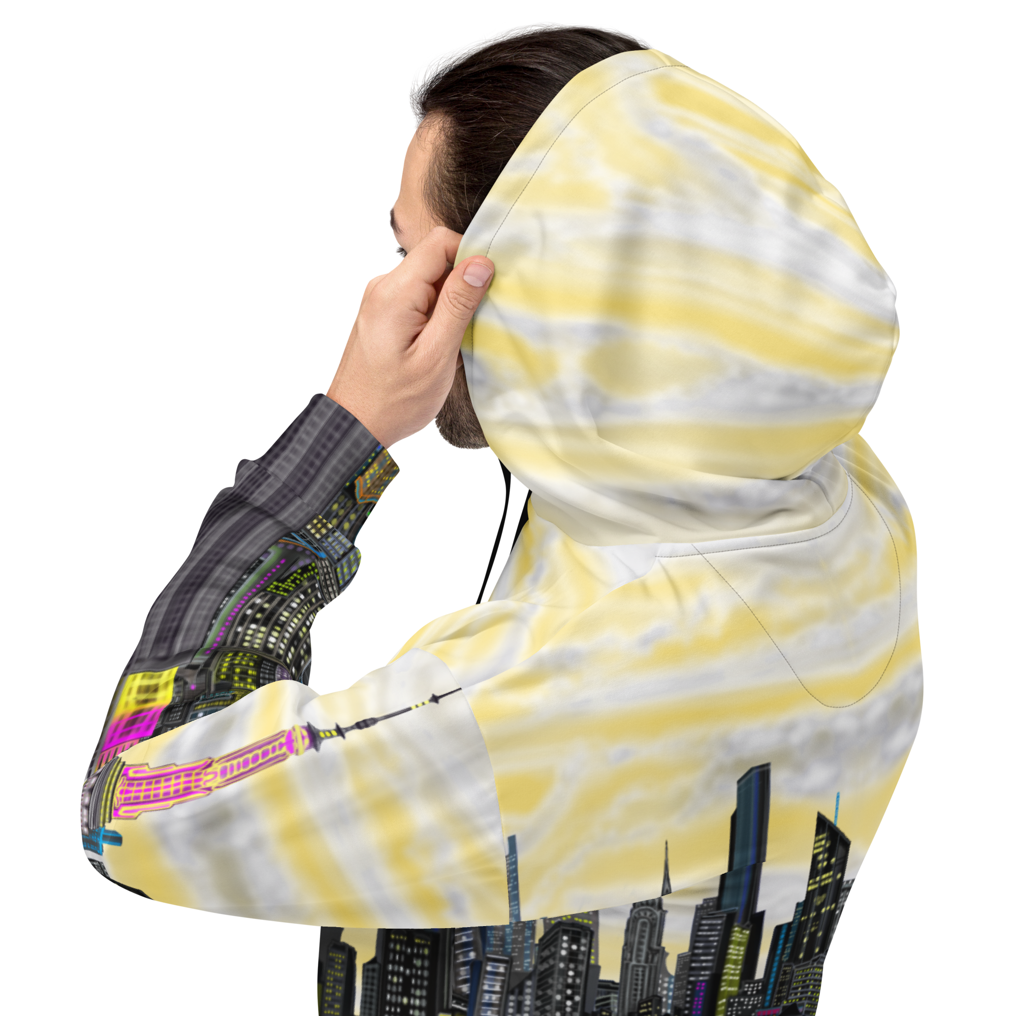 Person wearing a yellow and white Loria NYC Art hoodie with cityscape design on a white background