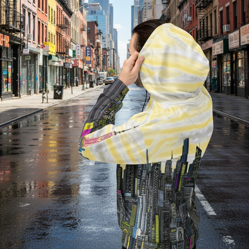 Person wearing a yellow Loria NYC Art hoodie on a city street with tall buildings in the background.