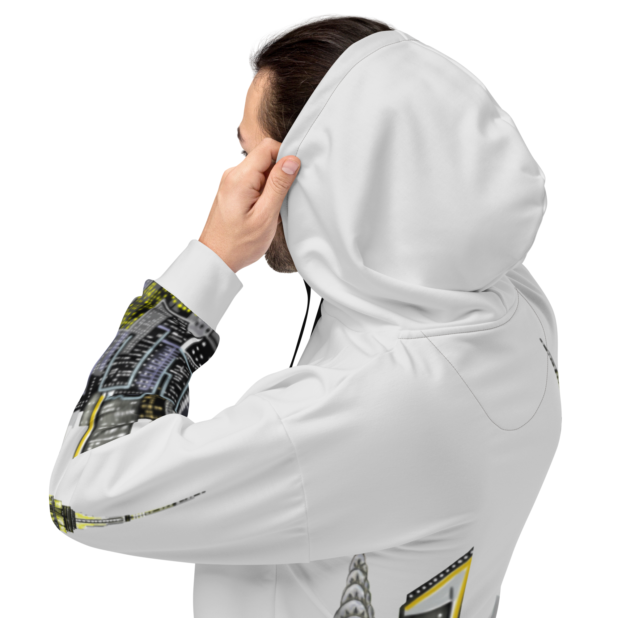 Person wearing a white hoodie with graphic Loria NYC Art designs on sleeves and bottom