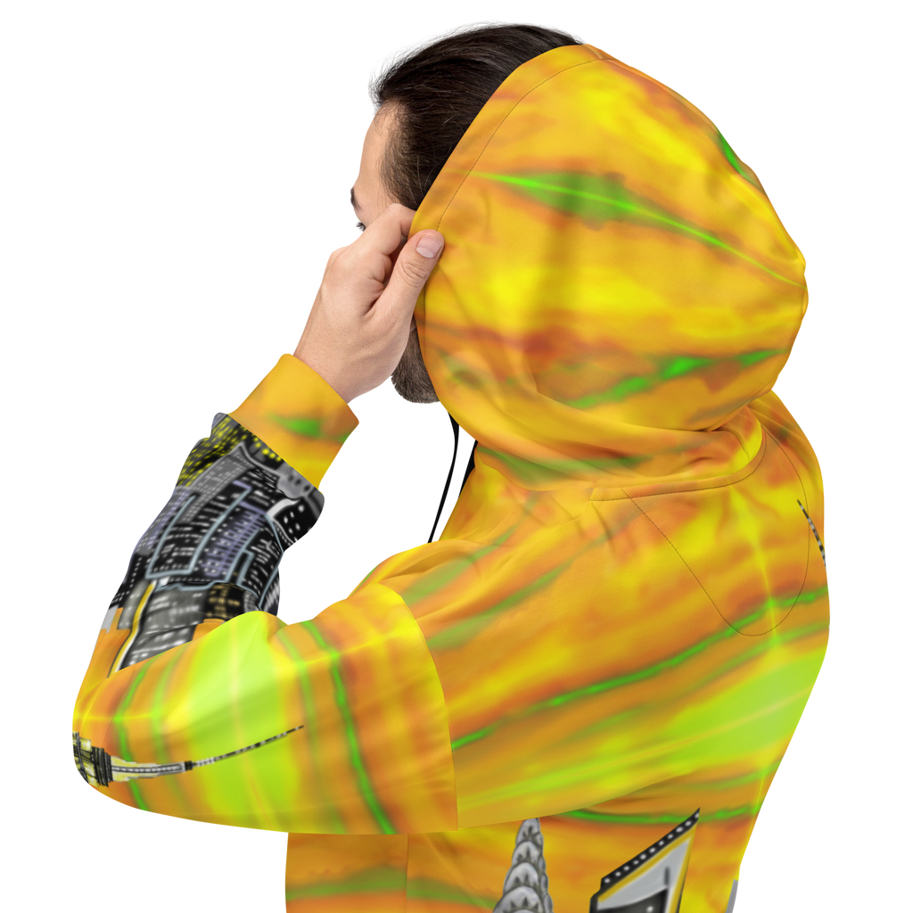 Person wearing a bright yellow and green tie-dye Loria NYC Art hoodie with abstract patterns on a white background