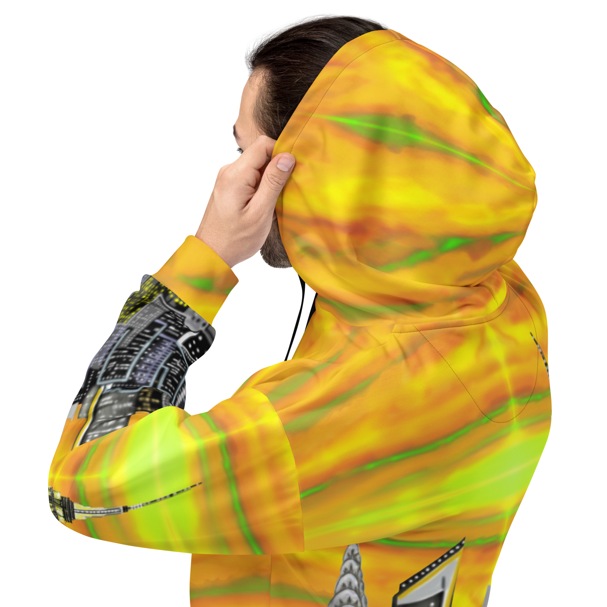 Person wearing a bright yellow and green tie-dye Loria NYC Art hoodie with abstract patterns on a white background