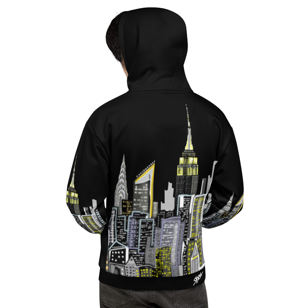Rear view of a Black hoodie with cityscape Loria NYC Art design on the back, worn by a person.